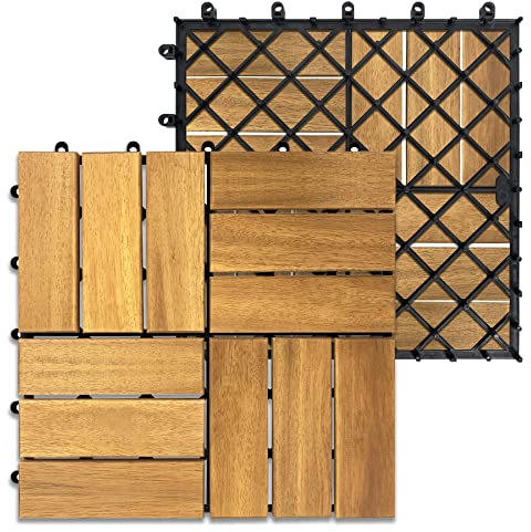 SUBTLETY 5m² Akazienholz Terrassenfliesen 55 Stück Holzfliesen Set 30x30cm Balkonfliesen Klickfliesen mit Drainage Gitter Gartenfliesen Holz Deck Fliesen für Garten Terrasse Balkon Teich (Type B)