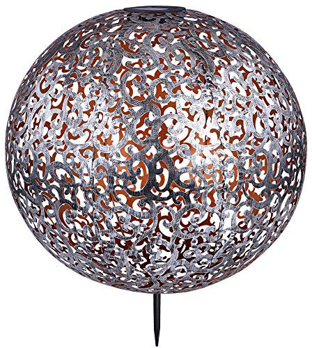 Solarleuchte Windlicht Solar Garten Kugel orientalsichLED Steckleuchte IP44, Erdspitz, Metall Muster antik silbergrau, 1x LED 3000K, DxH 40x50 cm