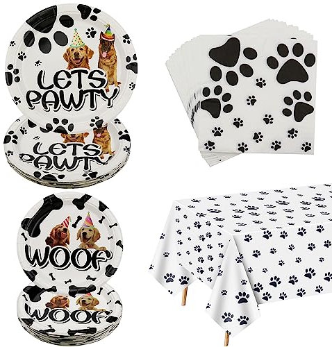 61Pcs Dog Party Supplies - Doggy Theme Birthday Party Supplies for Kids Puppy Birthday, Including Paper Plates, Dog Napkins, Paws Print Tablecloth, Serves 20 Guests