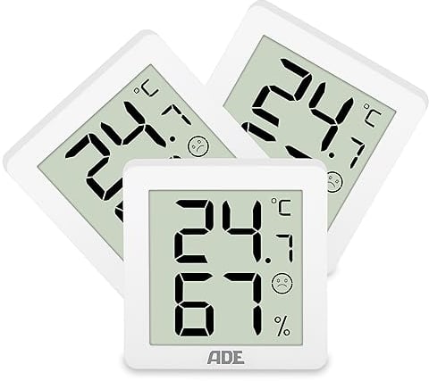 ADE Digitales Hygrometer mit Temperaturanzeige im 3er Set | Luftfeuchtigkeitsmesser innen | Raumthermometer magnetisch | mit Komfortzonenindikator | weiß