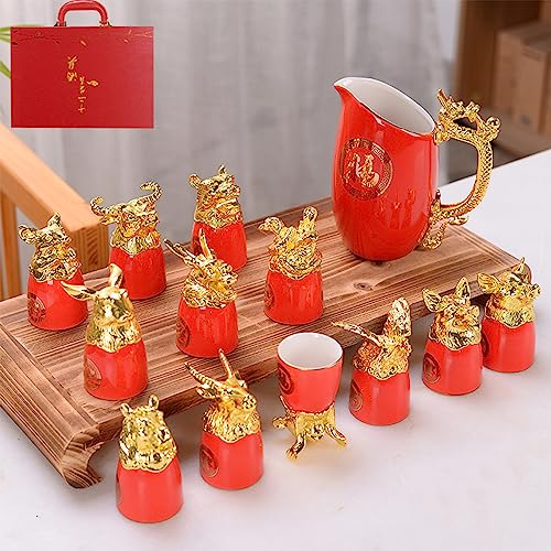 Kreatives Weinglas-Set aus Keramik, rotes Whisky-Dekanter-Set, 12 Tierkreis-Weinbecher, Krug, chinesischer Drache und Phönix-Topf mit Geschenk-Set für Ehemann, Vater, Freund (Stil 1)