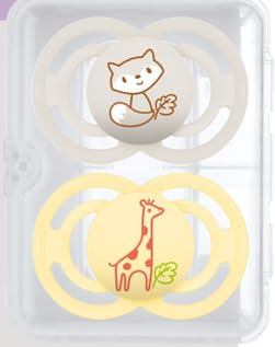 MAM Perfect Schnuller im 2er-Set, für eine gesunde Zahn- und Kieferentwicklung, Baby Schnuller aus nachhaltigen & bio-erneuerbaren Materialien, mit Schnullerbox, 16+ Monate, Elefant/Bär