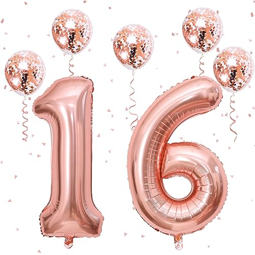 Große Zahl Ballon 16, XXl Helium Folienballon Mädchen Geburtstagsdeko, 40 Zoll Rosegold Zahlen Luftballon 16 mit Konfetti Luftballon für Frauen 61. Geburtstag Party Deko 16 Jubiläum Party Dekoration