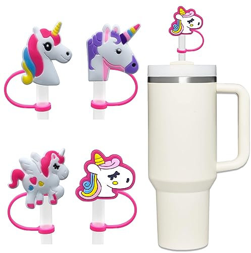 Amreich 10mm Straw Cover for Stanley Cup, Unicorn Design Topper Compatible with 20 30 40 oz Tumbler, Dust-proof Silicone Straw Tips Accessories