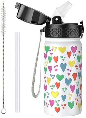OLDLEY 420ml/14oz Kids Stainless Steel Insulated Water Bottle with Straw for School Reusable Metal Vacuum Small Flask Leakproof Keep Drinks Hot Cold for Boys Girls Toddlers Children (Hearts, 420ml)