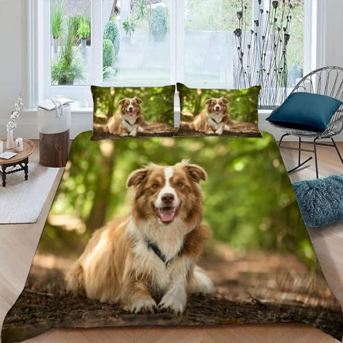 NYSMGS Bettwäsche 155x220 Border Collie Kinder Teenager 3D Druck Hund Tier Bettbezug Weich 100% Mikrofaser Sommer Bettwäsche-Sets 3 Teilig mit Reißverschluss und 2 Kissenbezüge 80x80 cm
