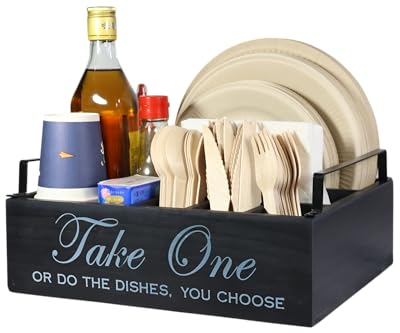 Rehuei Paper Plate Holder,Cutlery Holder with Handles Utensil Caddy Organizer for Kitchen Counter, Wood Disposable Paper Plate Dispenser for Parties Picnics, BBQs, Camping