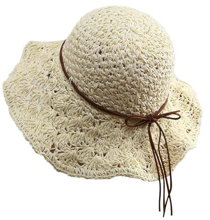 AKJAXQU Chapeau de Paille Pliable Femme Anti-UV, Dame Paille Panama Capeline Bord Large, Mode Plage Capeline Bow Décoration