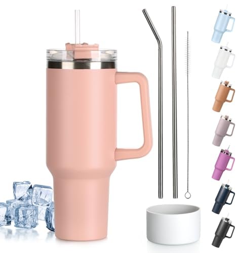 Tuocal 40oz Tumbler with Straw Lid and Handle + 2 Stainless Steel Straws + Silicone Boot, 1180 ml Double Wall Vacuum Insulated Cup, Car Coffee Mug, Travel Water Bottle for Hot Iced Coffee, Light Pink