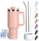 Tuocal 40oz Tumbler with Straw Lid and Handle + 2 Stainless Steel Straws + Silicone Boot, 1180 ml Double Wall Vacuum Insulated Cup, Car Coffee Mug, Travel Water Bottle for Hot Iced Coffee, Light Pink
