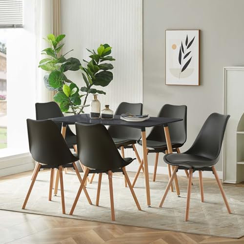 LafeuR Esszimmergruppe Esstisch mit 6 Stühlen, Rechteckig Küchentisch-Set Essgruppe für Küche Esszimmer und Wohnzimmer (Schwarz Tisch+6 Schwarz Esszimmerstühle)