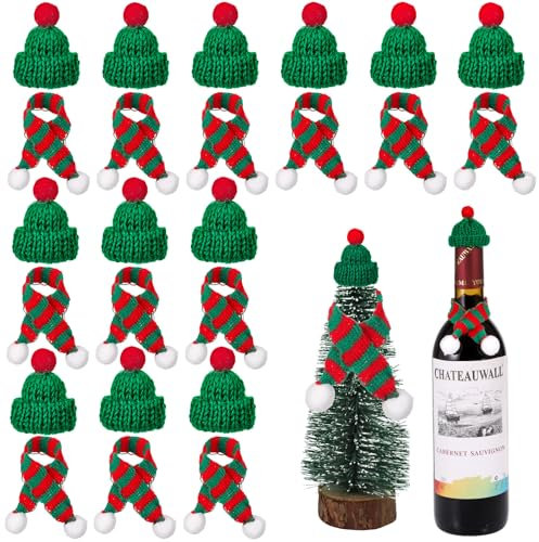 Fentar 24pcs Mini Christmas Hats, Knitted Mini Santa Hats for Crafts and Scarves, Cute Wine Bottle Christmas Hat, Tiny Santa Hat Bulk for Dolls Cutlery Holders Xmas Decor (Green)