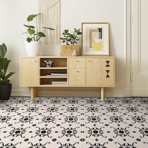 Alwayspon Vinyl Flooring, Beige White Self Adhesive Stick on Floor Tiles Transfer for Bathroom Kitchen, Splashback, Peel and Stick Vinyl Flooring Tiles Sticker, 12PcsX20cm/8inch