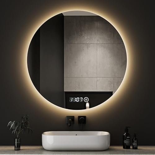 Boromal Badspiegel Rund mit Beleuchtung und Uhr Badspiegel 70x70cm LED Spiegel Runder Badezimmerspiegel mit Beleuchtung Wandspiegel Rund mit 3 Lichtfarbe Dimmbar + Uhr