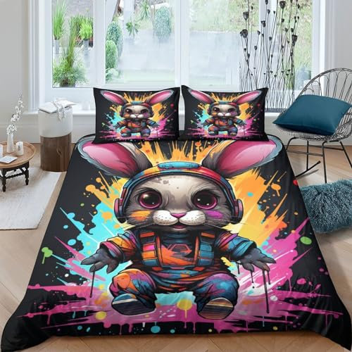 KAYZTGSDA 3-teiliges Bettwäsche-Set mit Hasenmotiv, Hotelqualität, Bettbezüge mit Kissenbezügen mit Reißverschluss, hypoallergen, weiche, atmungsaktive Mikrofaser, Kingsize-Bett (220 x 240 cm)
