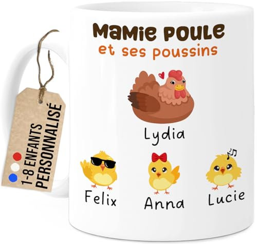 Cupdarling® Mug Mamie Personnalisé avec 1-8 Petits-Enfants - Tasse Cadeau Grand-Mère Poule - Fête Des Grand-Mères - Anniversaire - 330 mL Céramique - 3 Poussins