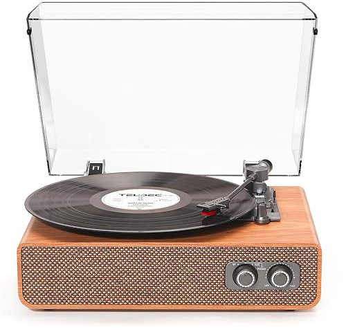 Tocadiscos de vinilo vintage de 3 velocidades Bluetooth con altavoces mejorados, contrapeso ajustable, reproductor de LP de vinilo con sonido mejorado, entrada auxiliar y salida RCA, madera clara