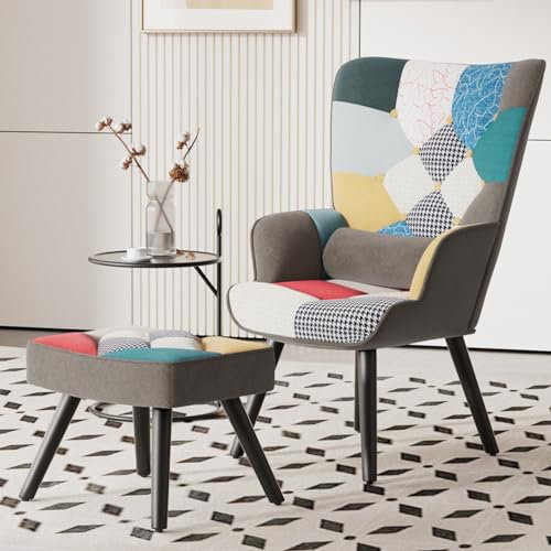 Aivermeil Sessel Wohnzimmer Einzelsofa Loungesessel modern Relaxsessel mit Hocker Kopfkissen,Gold Metallfüßen, Samt, für Wohnzimmer Schlafzimmer, Bis 150 KG Patchworkfarbe