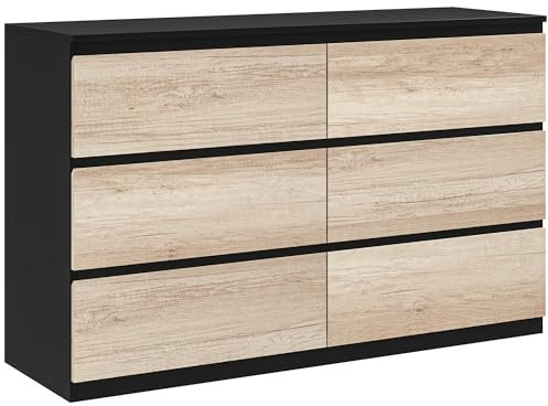 HOMCOM Cassettiera Camera da Letto 6 Cassetti, Comò Camera da Letto in Legno con Piedini Antiscivolo, per Soggiorno, Sala da Pranzo e Corridoio, 120x39x75 cm, Nero e Color legno