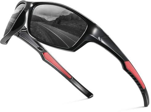 suoso Sportbrille-Herren-Damen-Sport Sonnenbrille-Polarisierte-UV400 Schutz-Sunglasses-Men-Women-Sonnenbrille Schwarz-Fahrradbrille-Rennrad brille，3-Schwarz-Rote Beine