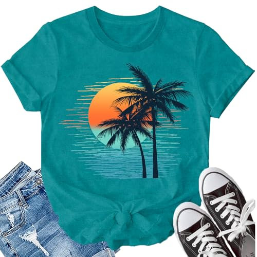 SUWATOIN Sunshine Beach Shirt for Women Summer Vacation Palm Trees T-Shirt Aloha Beaches Hawaiian Tee Cyan