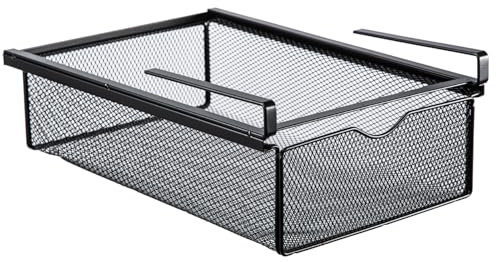 JF HOME BLISS Under Shelf Storage Basket Organizer Metal Mesh Hanging Drawers for Kitchen Office Wardrobe No-Tool Installation Space-Saving Pull-Out Design (Black)