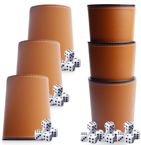 Behogan 6 Stück PU Leder Würfelbecher Set, 6 Kniffel Becher Leder Set und 30 Würfeln (16mm), Filz ausgekleidetes PU-Leder-Würfelbecher-Set, für Bar-Party Würfelspiele