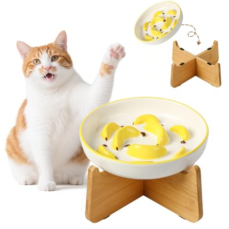 Comedero Gato Antivoracidad Cerámica Elevado - Cuenco con Soporte de Bambú Antideslizante - Plato de Comida para Alimentación Lenta - Amarillo Vivo
