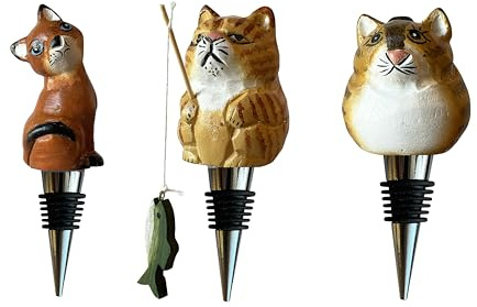 Set of 3 cat wine bottle stoppers, hand carved kitties, wooden beverage stoppers, novelty art, airtight rubber seal, reusable (3-cats)