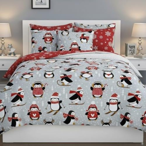 Faro Bettwäsche Set Baumwoll Weihnachtsbettwäsche (Grau Rot – Pinguine, 160x200 + 2x70x80 (3 TLG))