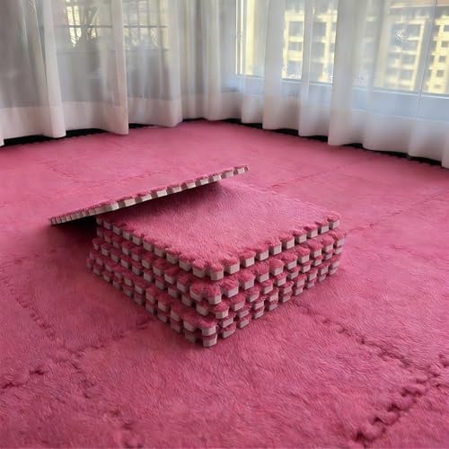 Ineinandergreifende Plüsch-Schaumstoffmatte 30 * 30 cm 12 Stück, Teppichfliesen Bodenmatten Mit Rand, Zusammensteckbare Schaumstoff-Bodenfliesen, für Kinder Wohnzimmer Schlafzimmer (Rosa)