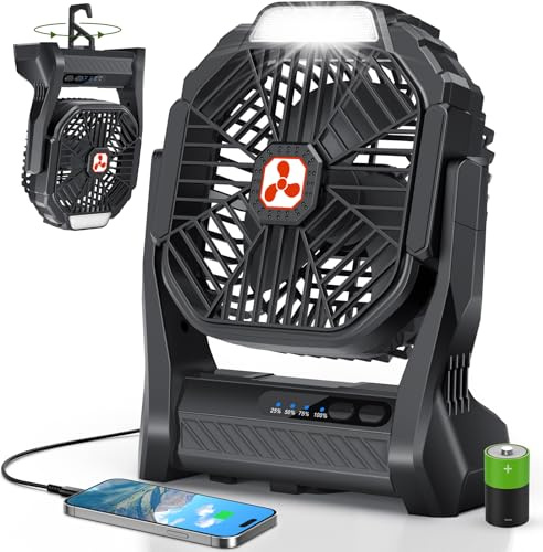 PDBEST Batteriebetriebener Ventilator 20000mAh Kabellos Wiederaufladbarer | Tragbarer Ventilator mit LED-Laterne, USB-C-Akku Tischventilator, Campingventilator für Reisen Strand Black