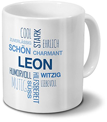 printplanet Tasse mit Namen Leon Positive Eigenschaften Tagcloud - Blau - Namenstasse, Kaffeebecher, Mug, Becher, Kaffeetasse
