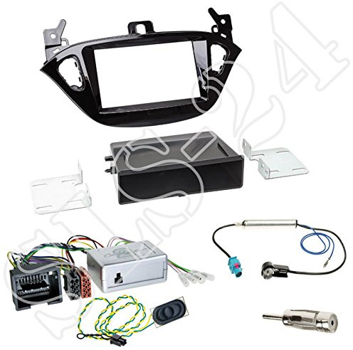 Einbauset: Doppel 2-DIN Blende Radioblende + Fach Piano Black + Lenkrad Interface Radio Adapter auf Pioneer System + Fakra Antennenadapter für Opel Adam (S-D) ab 01/2013 / Opel Corsa (E) ab 01/2015