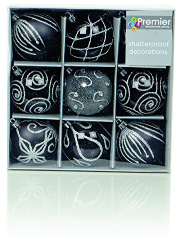 Set di 9 palline per l’albero di Natale, dimensioni 6 cm, colore: nero e argento