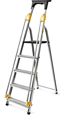 DRABEST Leiter PRO Serie Leiter Klappbar mit Sicherheits Handläufen Alu Klaptritt 5 Stufen Trittleiter bis 150 kg belastbar