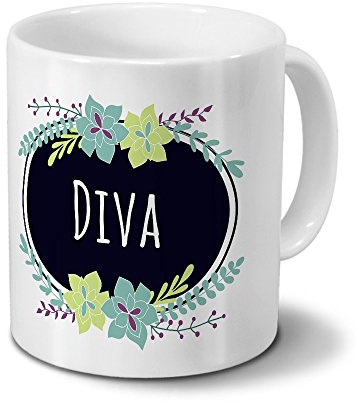 printplanet Tasse mit Namen Diva - Motiv Flowers - Namenstasse, Kaffeebecher, Mug, Becher, Kaffeetasse - Farbe Weiß
