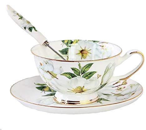 SudaTek Teeset aus feinstem Porzellan mit Goldrand im Alten Stil, bestehend aus Tasse, Untertasse und Löffel mit Geschenkverpackung; Tischkultur und Tischdekoration White Camellia