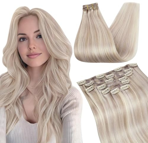Ugeat Clip in Human Hair Extensions 14 Inch 105g Ash Blonde Highlight | Clip in Hair Extensions Real Human Hair, Ash Blonde Highlight Bleach Blonde, Remy Double Weft, 7pcs, Natural Blend #18/613