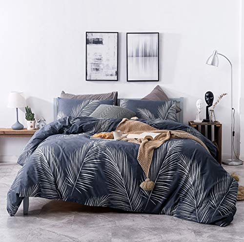 SUSYBAO Tropical Leaves Duvet Cover King 100% Cotton Palm Botanical Duvet Cover 3 Pieces Set 1 Navy Blue Plant Patterned Duvet Cover with Zipper Ties 2 Pillowcases Coastal Botanical Bedding Set