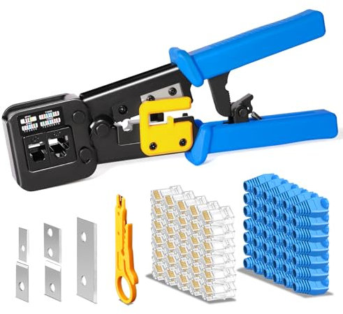 Hiija RJ45 Crimpzange, Durchlass Cat5 Cat5e Cat6 Crimpzange für RJ45/RJ12 Reguläre und Endpass-Through-Stecker mit 50 Steckern, 50 Abdeckungen und Netzwerk-Abisolierzange.