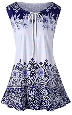 iHENGH Damen Top Bluse Lässig Mode T-Shirt Frühling Sommer Frauen Bequem Blusen Weste Plus Size Printed Tank Tops ärmellose Keyhole(Blau, 5XL)