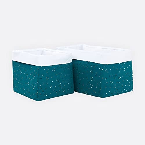 KraftKids Stoff-Körbchen in Musselin goldene Punkte auf Petrol, Aufbewahrungskorb für Kinderzimmer, Aufbewahrungsbox fürs Bad, Größe 20 x 20 x 20 cm