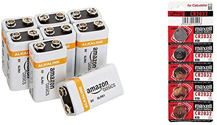 Amazon Basics - Paquete de 8 Pilas alcalinas de 9 V (600 mAh) + Maxell 19040805 Pila Boton Litio CR-2032 (Blister 5 Pilas)