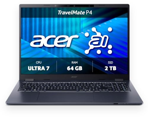 Acer TravelMate P4 | Business Laptop | Core Ultra 7 | 64GB/2TB | 16 WQXGA IPS 60Hz | Core Ultra 7 255H | 64GB RAM | 2TB SSD | Windows 11 Pro | QWERTZ beleuchtet