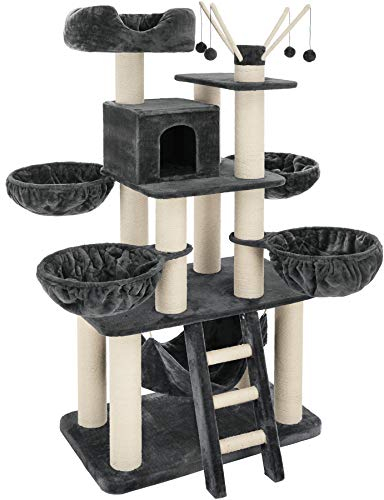 tectake Katzenbaum XXL, Kratzbaum groß, 195 cm, Kratzbaum deckenhoch, Kletterbaum mit Liegemulden, Hängematte, Treppe und Höhle, stabile Säulen mit Sisal, Spielbaum für Katzen - grau/weiß