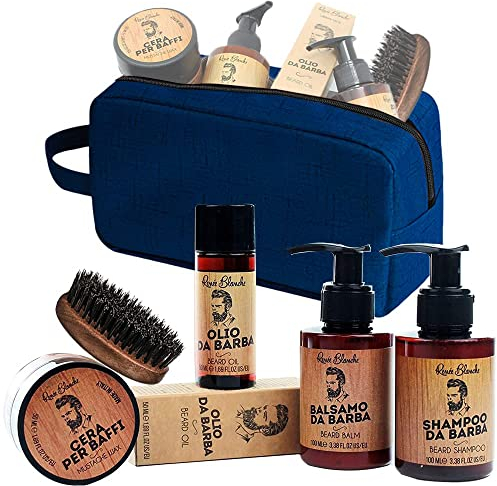 Renée Blanche Man Bart Kit - Set bestehend aus Shampoo, Conditioner, Öl, Wachs und Bartbürste mit verstärkten Wildschweinborsten Made in Italy + ALTÉAX® Beauty - Tolle Geschenkidee