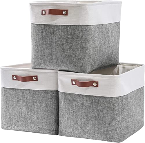 Mangata 25|28|30|33cm Fabric Storage Boxes Cubes, 3 Pack(33x33x33cm, Grey White)