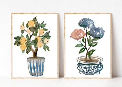 Din A4 Kunstdruck ungerahmt 2-teilig - Zitronenbaum Hortensie - Asia Style - Blüten Baum Bäume Aquarell Natur Pflanze Druck Poster Bild