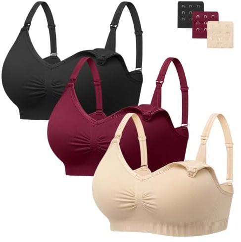 HBselect Nahtloser Schwangerschafts Still BH mit extra BH-Verlängerungen | 3er Set Still-BHs ohne Bügel, viele Farben & Größen wählbar, mit Stillverschluss für werdende und stillende Mütter